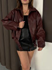 BİÇOMİ Astarlı kemerli pb deri ceket bordo onst