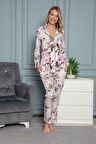 Monamise Kadın Çiçek Desenli Gömlek Yakalı Önü Boydan Düğmeli Pijama Takımı 18401