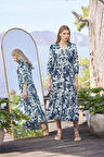 Monamise Kadın Yaprak Desenli Önü Düğmeli Truvakar Kollu Elbise 25013 