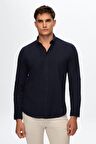 D'S Damat Slim Fit Lacivert Düğmeli Yaka %100 Pamuk Yazlık Flamlı Keten Görünümlü Gömlek 6HC02ORT63265