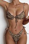Angelsin Leopar Desenli İpli Tasarım Bağlamalı Bikini Üstü