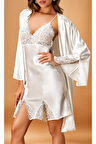Saten Kadın Yırtmaç Detaylı Kimono & Gecelik İkili Takım L.N0.U1.RT.27