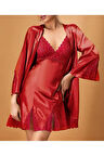 Saten Kadın Yırtmaç Detaylı Kimono & Gecelik İkili Takım L.N0.U1.RT.27