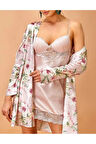 Kadın Saten Desenli Pudra Kimono & Kaplı Gecelik Takım