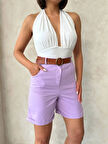 Kemerli gabardin şort lila s25735