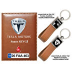 Plakanıza Özel Tesla Logolu Taba Ruhsat Kabı ve Anahtarlık
