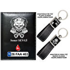 Plakanıza Özel Kuru Kafa Logolu Siyah Ruhsat Kabı ve Anahtarlık