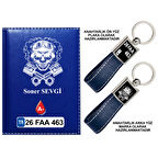 Plakanıza Özel Kuru Kafa Logolu Lacivert Ruhsat Kabı ve Anahtarlık