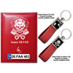 Plakanıza Özel Kuru Kafa Logolu Kırmızı Ruhsat Kabı ve Anahtarlık