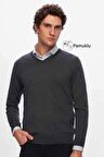 Ds Damat Regular Fit Antrasit Düz V Yaka Triko Kazak 5HF06ORT12003 5HF06ORT12003
