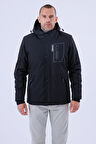 Erkek Kapüşonlu Su Ve Rüzgar Geçirmez Kapitone İçi Kürklü Elyaf Dolgulu Şişme Siyah Softshell Mont