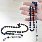 Kararmaz Metal Halat Püsküllü Arpa Kesim Süzme Mavi-Siyah Sıkma Kehribar Tesbih