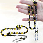 925 Ayar Gümüş Çift Püsküllü Arpa Kesim Sarı-Siyah Ateş Kehribar Tesbih