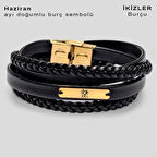 Yazın Canlılığı, Siyah Deri Örgülü ve 14 Ayar Altın Kaplamalı Dikdörtgen Motifli Haziran Bilekliği