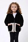 Kız Çocuk Peluş Siyah Ekru Fermuarlı Welsoft Kışlık Mont