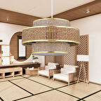 Otantik Trio Metal Kasalı Hasır Kaplama ve Bej Kumaş Salon Avize Üç Katlı Pasta Yatak Odası Sarkıt