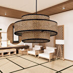 Otantik Trio Metal Kasalı Kahve Hasır Kaplama Rattan Salon Avize Üç Katlı Pasta Yatak Odası Sarkıt