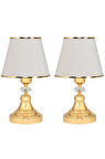 Art Deco Tarz Kristal Taş Süslü Metal Ayak ve Gold Şeritli Krem Başlık 2'li Abajur Seti İki Adet