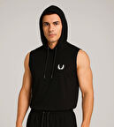 Erkek Lette Kapüşonlu Armalı Esnek Kolsuz Siyah T-Shirt