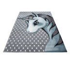 Unicorn Desenli Puantiyeli Tozsuz Antialerjik Gri Mavi Çocuk Bebek Odası Halısı