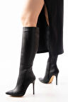 Siyah Fermuarlı Lastikli İnce Yüksek Topuklu Kadın Çizme