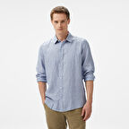 Nautica Erkek Mavi Classic Fit Çizgili Keten Gömlek