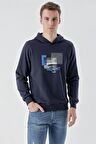 Slimfit Kapşonlu Önü Baskılı 2 İplik Erkek Sweatshirt