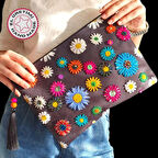 Uretti - Sümeyya 2589 4152 El Yapımı Etnik Papatya Desenli Boncuk İşlemeli - Siyah Püsküllü Clutch Çanta