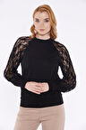 Kadın Siyah Kolu Dantel Detaylı Bluz | 36