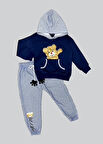 2-3-4 Yaş Pelüş Ayı Desenli Kapşonlu Uzun Kollu Penye Sweat 2li Erkek Çocuk Takımı Lacivert