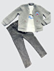 4-5-6 Yaş Kot Pantolonlu Pilot Mont Uzun Kollu Penye Sweat 3lü Erkek Çocuk Takımı Gri