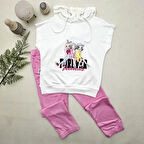 3-4-5 Yaş Forever Cici Kızlar Baskılı Kapşonlu 2li Kız Çocuk Takımı Pembe