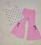 1-2-3-4 Yaş Kiraz Baskılı Tişört İspanyol Paçalı Likralı 2li Kız Çocuk Takımı Pembe