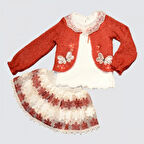 1-2-3 Yaş Brode Etekli Örme Hırkalı Uzun Kollu Sweat 3lü Kız Çocuk Takımı Kırmızı