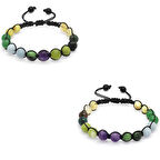 Tesbihane Makrome Örgülü Küre Kesim Çoklu Çoklu Doğaltaş Kombinli Kadın-Erkek Şifa Bilekliği (2li Set)