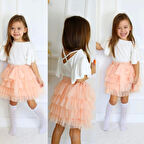 Yavruağzı Tütü Etek, Beyaz Tişört İkili Takım