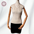 Uretti - Yıldız 7202 9497 V Yaka Boncuk İşlemeli Fildişi Bluz - 38/40