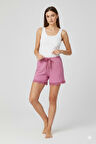 Bambu Fitilli Kadın Ev Şortu Bacak Dantel Detaylı Ev Giyim Pembe