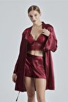 Kadın Bordo Saten Çeyiz Seti 6 Parça Dantelli Sabahlık Gecelik Pijama Şortlu Takım