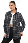 Büyük Beden Ekose Desenli Simli Rahat Kalıp Kadın Gömlek