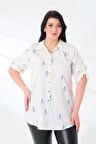 Likralı Pamuk Poplin Beyaz Desenli Büyük Beden Gömlek