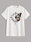 Saat ve Kelebek Yuvarlak Yaka Tişört