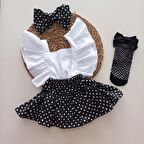 MARS BABY Kız Bebek Siyah Puantiye Desenli Fırfırlı Salopet Bandana File Çorap Takım