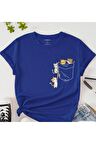 Kadın Saks Mavi Kedi Cep Baskılı Oversize T-shirt