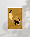 Çerçevesiz Poster Kedi ve Kadın İllüstrasyon