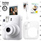 Instax mini 12 Beyaz Fotoğraf Makinesi-20'li Film-Kıskaçlı Resim Standı ve Silikon Kılıf Seti