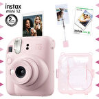 Instax mini 12 Pembe Fotoğraf Makinesi-10'lu Film-Kıskaçlı Resim Standı ve Simli Pleksi Kılıf Seti