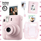 Instax mini 12 Pembe Fotoğraf Makinesi-10'lu Film-Kıskaçlı Stand-PVC Albüm ve Simli Pleksi Kılıf Seti