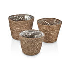 Dekoratif Yuvarlak İçi Poşetli Hasır Sepet Saksılık 3 lü Set