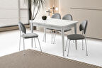Ortadan Açılır Büyüyen 80x130cm Beyaz Ahşap Salon Yemek Masa Suna Gri Sandalye Takımı 4 Sandalyeli